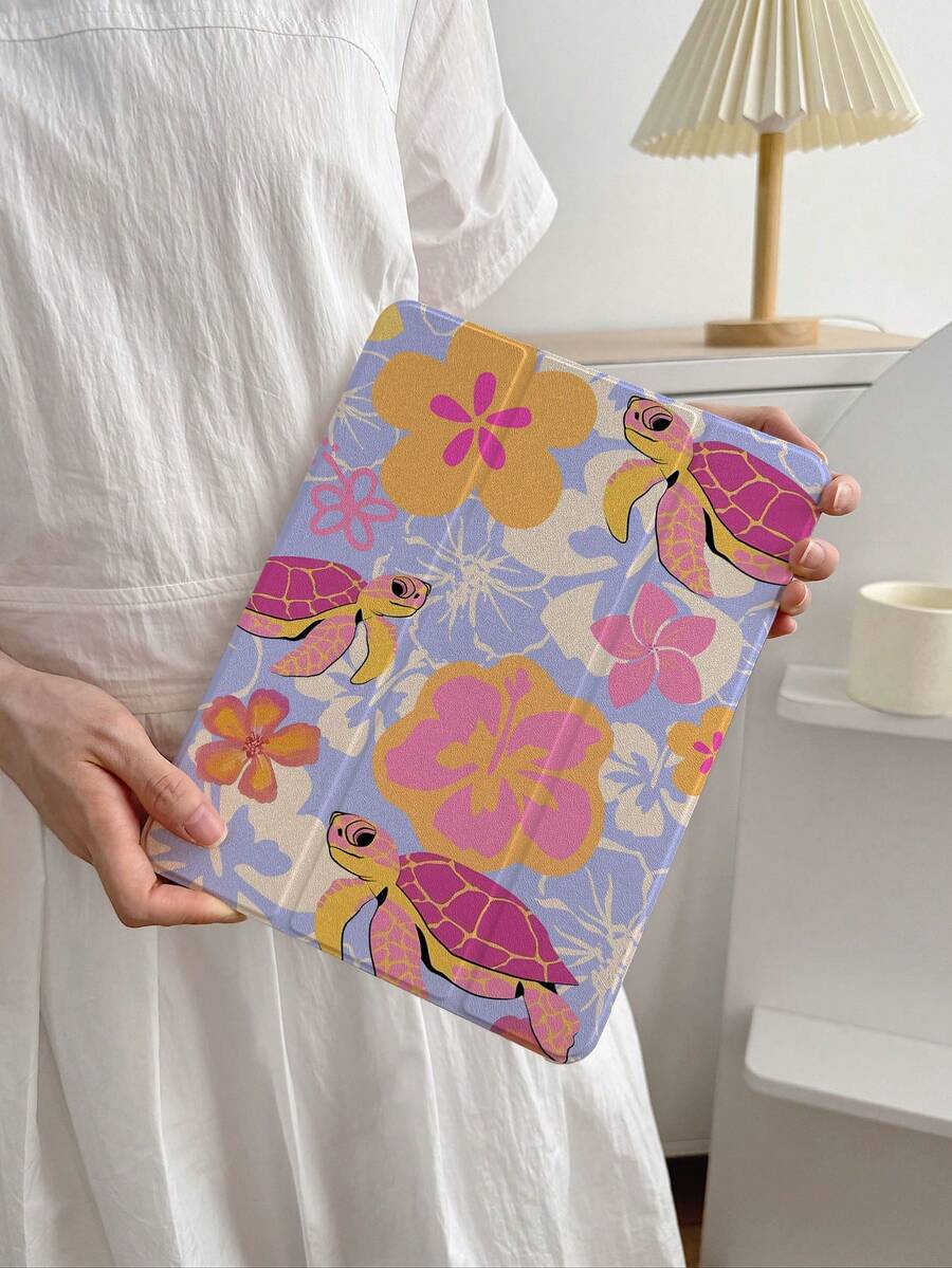 1 chiếc ốp bảo vệ máy tính bảng hình rùa biển và hoa, phù hợp với iPad 7/8/9, 10.2 2022, Air 5/4/3 thế hệ thứ 9, Pro 11" (A16 2025), kèm chân đế. - Nhiều màu - Xem 1