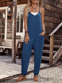 SUN - Shirtless Jumpsuit With Open Back And Double Pocket - 藏蓝色 - 查看 9