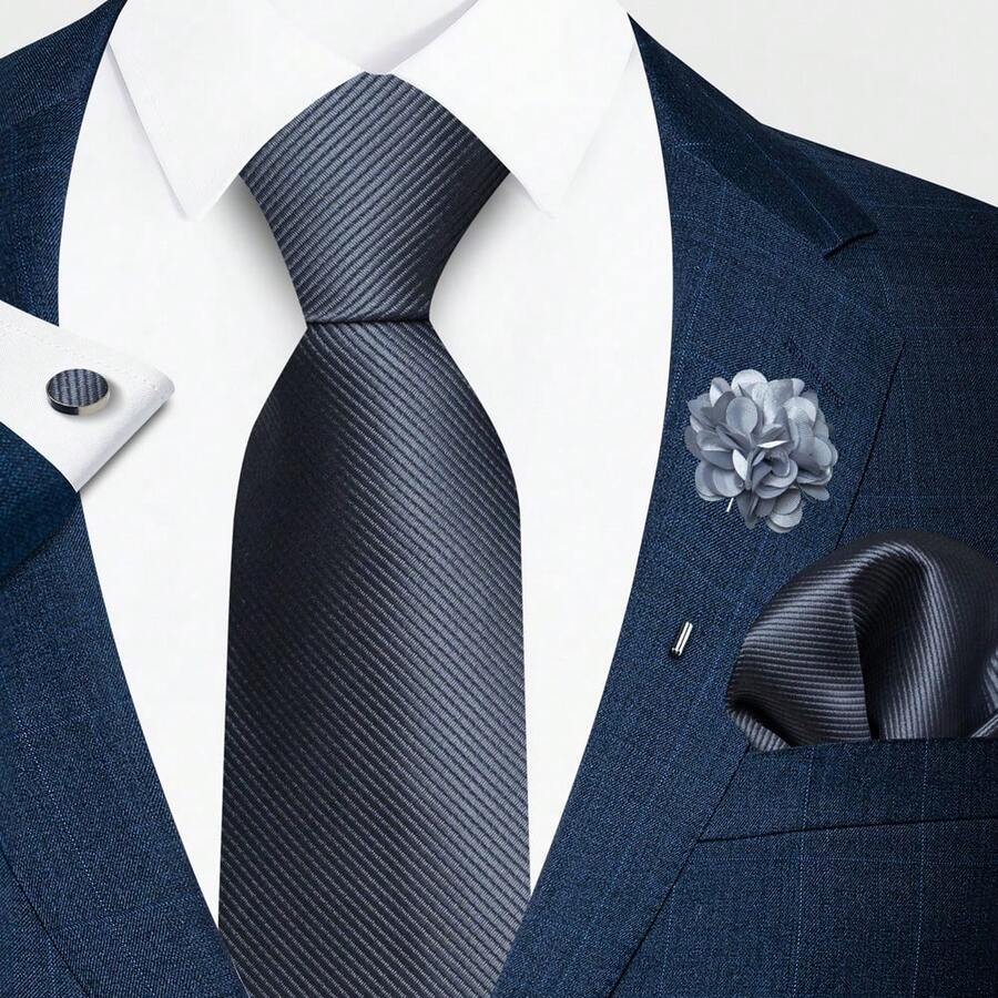 AlanKing 4-Piece Set: Solid Color Necktie, Pocket Square, Cufflinks And Lapel Pin, Suitable For Formal Business, Wedding Ceremonies, And Casual Outfits - Color Mixing - View 1