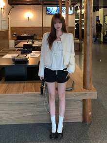 Doll Blouse Square Neck Striped Print Tie-Front Elegant Long Sleeve Shirt White - White - View 4