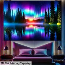 1pc Aurora Night Forest Lake Tapestry, Glow In The Dark Wall Decor Hanging Cloth Bed Headboard Background, Perfect For Living Room, Office Or Meditation Area - A - View 7