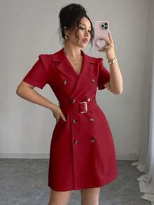 Vestido con cuello, cintura con lazo y mangas con volantes de doble botonadura - Rojo - Ver 6