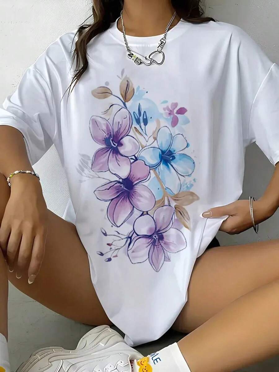 The Most Popular Women's T-Shirt Of 2026! A , Youthful, Lightweight, And Casual Short-Sleeved T-Shirt With An Adjustable Fit. The Material Is Durable And Reliable! - 白色花朵 - 查看 1