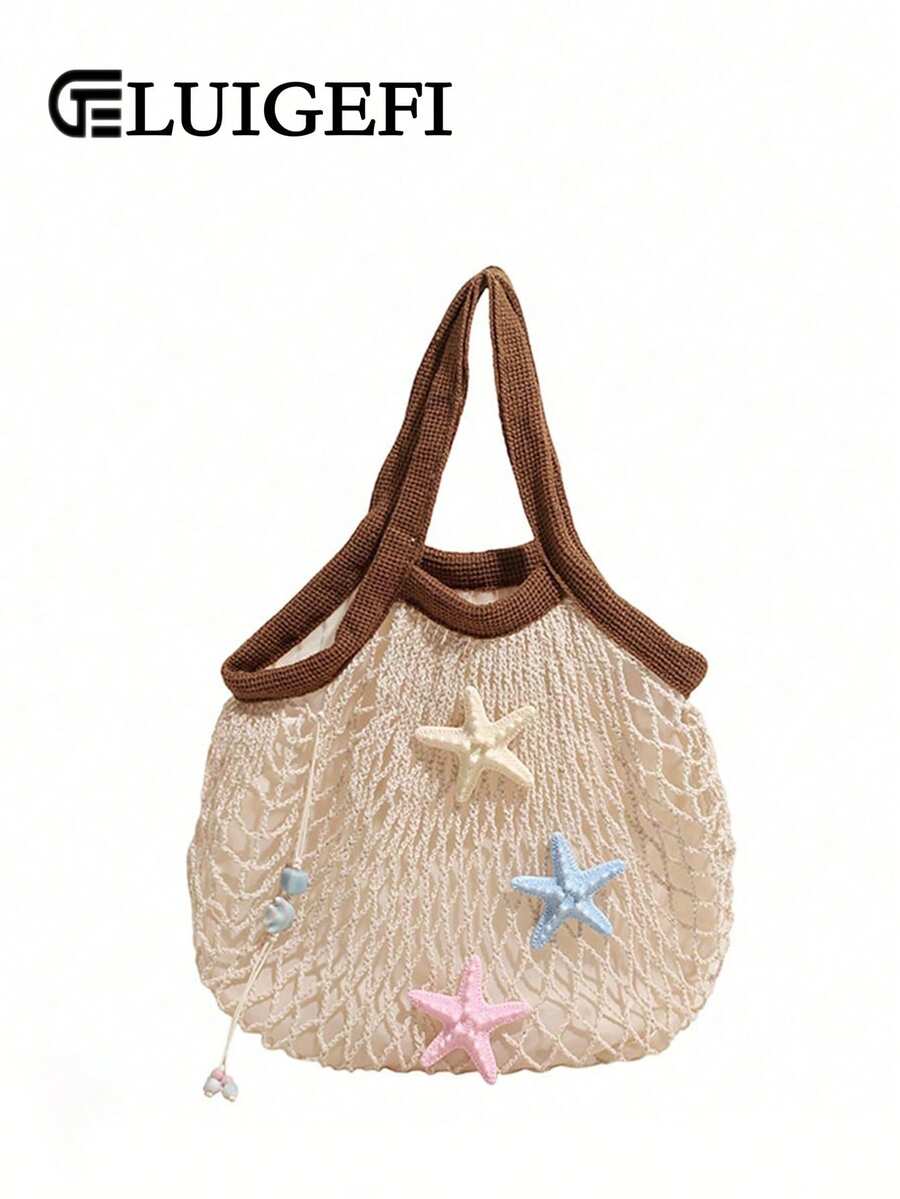 Sac fourre-tout de style plage à la mode, décoré de perles de coquillages beiges et de bordures marron, sac à main idéal pour les femmes pour les vacances à la plage et autres occasions - Tabac - Voir 1