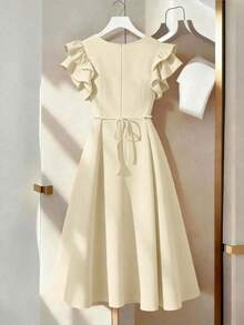 Vestido de línea A con decoración de cadena de perlas y mangas acampanadas, adecuado para salidas diarias, citas, fiestas, graduaciones, vacaciones y el Día de San Valentín - Albaricoque - Ver 2
