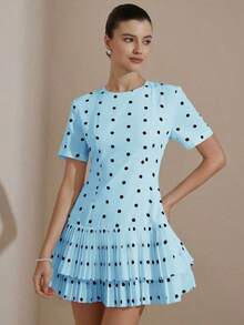 Versatile Casual Dress For Women With Round Neck, Fitted Waist, Short Sleeves, Black And White Polka Dot Print, Layered Ruffle Hem And Matching Silhouette - 灰色 - 查看 4