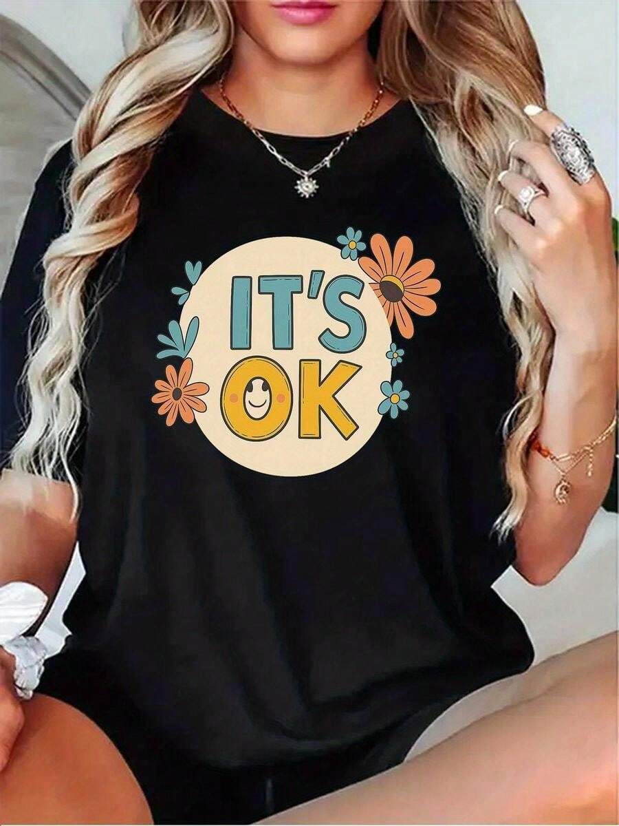 1 pieza de playera para hombre y mujer, 100% algodón puro, cuello redondo casual con estampado, manga corta transpirable para uso diario, modelo femenino con mensaje motivador - Negro - Ver 1