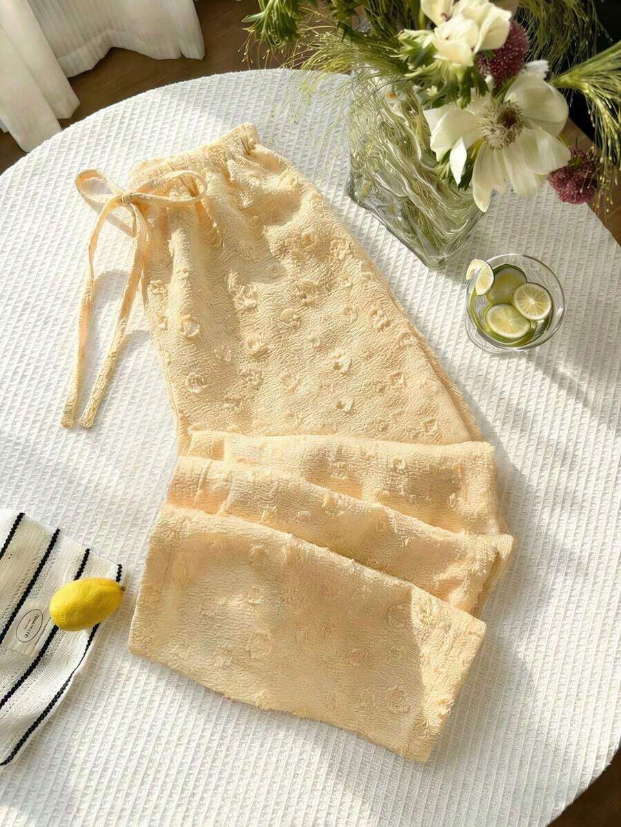2025 Pantalones rectos de pierna ancha con estampado de leopardo, ligeros y sexy, con cordón y cintura elástica adelgazante, adecuados para uso diario, de vuelta a la escuela - Amarillo - Ver 1