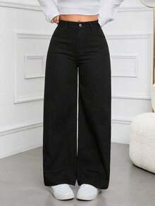 Jeans rectos y sueltos informales con bolsillos para mujeres - Negro - Ver 6