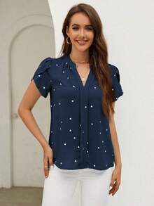 Blusa de mujer de escote en V con estampado de corazón y mangas con volantes para el verano y la playa - Azul - Ver 6