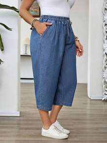 Mature Denim Pantalones capri casuales de mezclilla holgados con bolsillos y atar a la cintura para mujer de talla grande - Azul - Ver 5