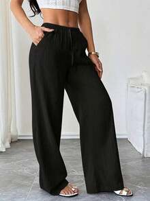 Pantalones anchos de mujer de unicolor versátiles y casuales - Negro - Ver 4