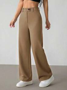 Pantalones rectos casuales de mujer de unicolor con cinturón - Marrón - Ver 6