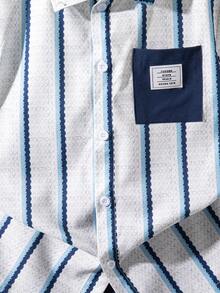 2pcs/Set Boys' Casual Striped Print Pattern Decorated Patch Short Sleeve Top And Solid Color Faux Drawstring Shorts, Spring/Summer Outfit - Navy Blue - View 10