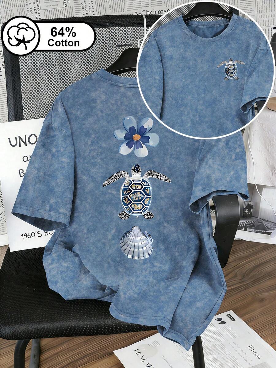大码女式休闲度假风海龟花卉贝壳双面印花复古水洗短袖T恤,海滨风情,女士夏季上衣 - 藍色 - 查看 1