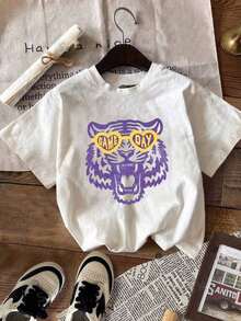 Women's Retro-Style Graphic Tee With A Round Neck, Hand-Painted Tiger Print And Color Blocking, Perfect For Competitions. 2MCC - White - View 1