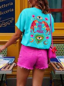 Estilo Y2K, estilo de moda, lo más nuevo de 2026, estilo lindo, estilo casual, blusas para mujer>ropa. Eres mágica - Camiseta estampada - Camiseta con estampado de tigre, camiseta surrealista para mujer, camiseta con patrón de chica bruja decoración bohemia ojos, camisetas gráficas lindas para mujeres, tops gráficos para mujeres, tops de mujer para verano, body de bebé gráfico, tops de mujer, tops de manga corta de mujer, tops de mujer, tops gráficos, últimos tops para mujer, nuevas llegadas180g(S-XXXL) - Blanco - Ver 3