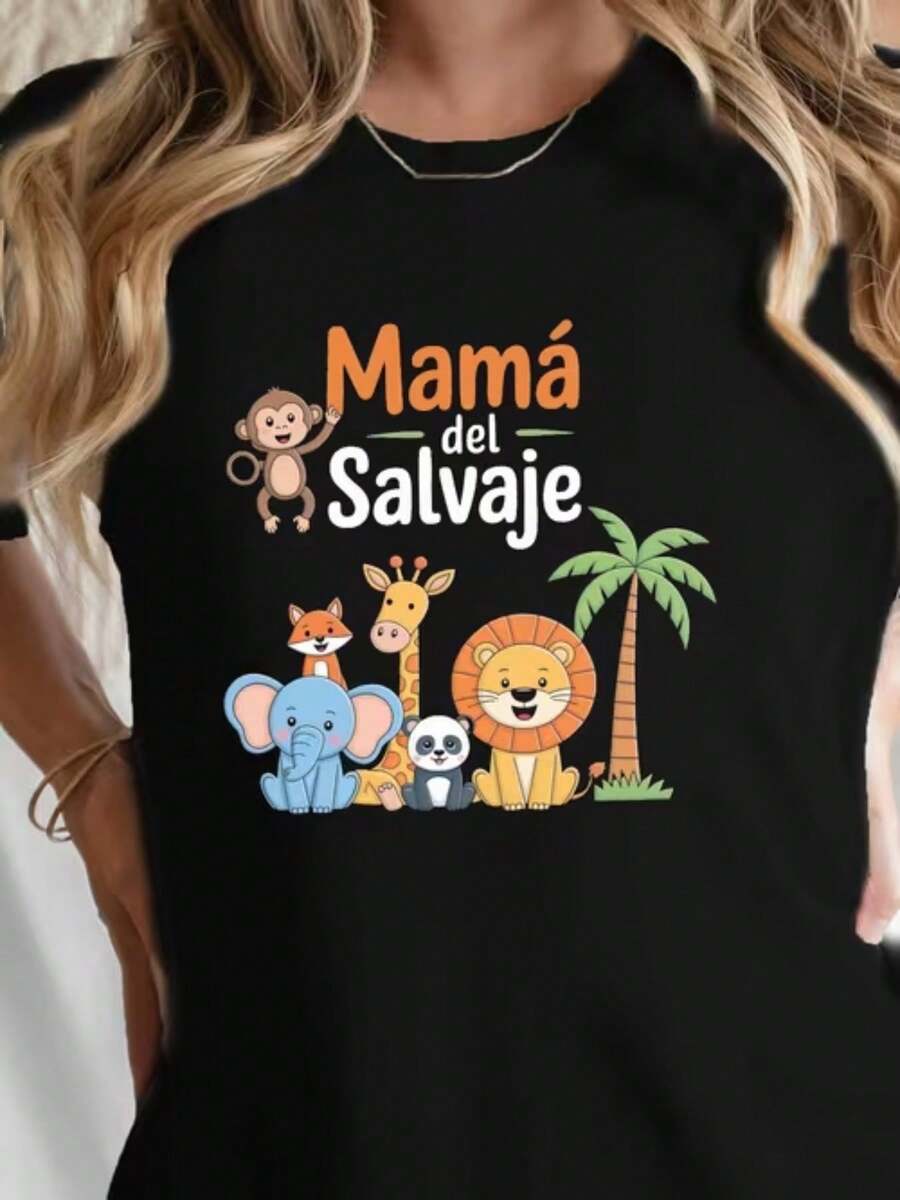 Camiseta de talla grande Top pickLocalWomen S Mama de Salvaje Cartoon Safar2026, ligera de verano, de ajuste regular, casual, transpirable, esencial para uso diario, ropa versátil, aspecto moderno, material cómodo, mangas cortas para adultos jóvenes - Negro - Ver 1