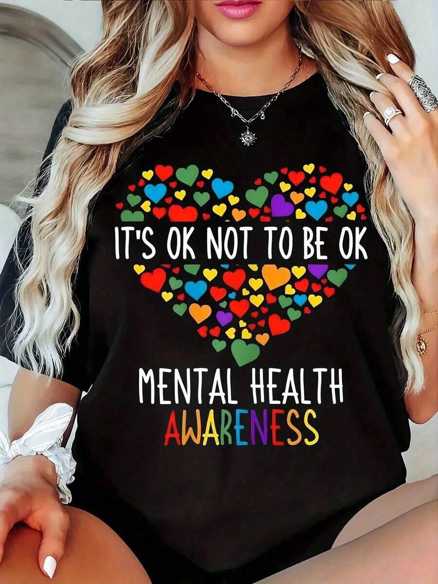 Camiseta Casual para Mujer - Presenta un colorido diseño de corazones diseñado para aumentar la conciencia sobre la salud mental, está hecha de un tejido de punto suave y elástico, con cuello redondo y mangas cortas, adecuada para usar en primavera y verano, lavable a máquina, cómoda para el uso diario.| Camiseta con Estampado Divertido| Material opaco - Negro - Ver 1
