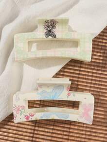 2件套乳白色PC材质蝴蝶结花卉领结，格子镂空方形发爪，丸子头固定器，刘海整理器，鲨鱼夹，美发造型配件，柔和乡村风，休闲街头风，下午茶装饰 - 彩色 - 查看 2
