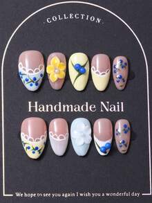 10pcs/Set Handmade Press On Short Almond Shaped Nail Caps In Y2K Multi Color French & 3D Engraved Blueberry Design With Hand Painted Lace Pattern. Comes With 1 Piece Of Jelly Gel And 1 Nail File. Ideal For Daily Use And Party Nail Care Supplies. - Multicolor - View 2