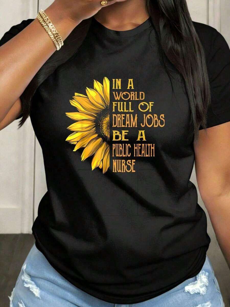 Camiseta Divertida de Enfermera de Salud Pública con Diseño de Girasol para Mujer de Talla Grande, de Manga Corta y Cuello Redondo, con Tela de Elasticidad Media, Adecuada para Ropa Casual de Primavera, Verano y Otoño, Lavable a Máquina, Diseño Divertido. - Negro - Ver 1