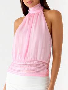 Women's Halter Pleated Chiffon Tank Top Sleeveless Neckline Tie-Up Open Back Tie Casual Blouses 2025 Summer Tops - 粉色 - 查看 2