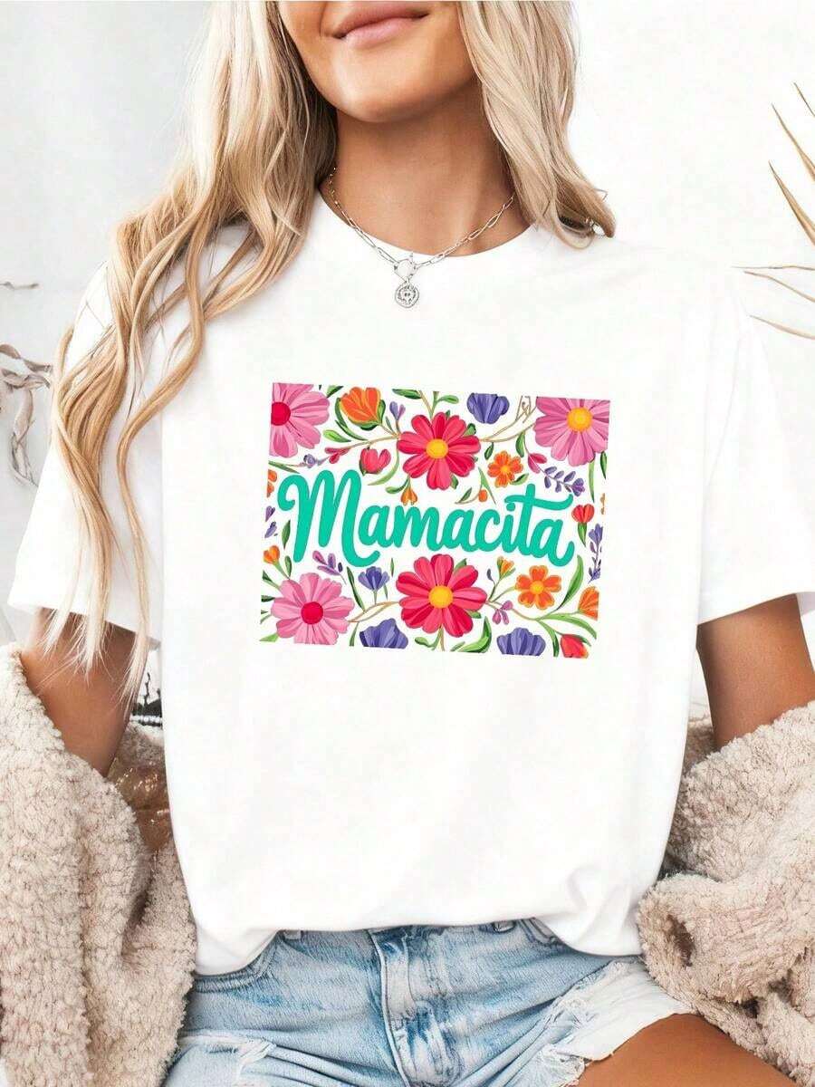 1 pieza de camiseta Mamacita para mujeres latinas, de algodón estampado, T--4180g, 100% algodón. - Blanco 3 - Ver 1