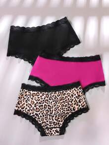 3pcs Y2K Harajuku Leopard Print & Lace Patchwork Women's Thong Panties Set - Multicolor - View 2
