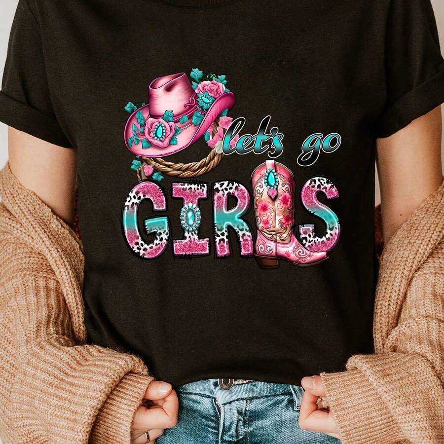 Retro Cowgirl T-Shirt "Let's Have Fun!", And Stylish Letter Print, Casual Short-Sleeved Crew Neck Top For Summer And Spring, Women's Clothing - 黑色 - 查看 1