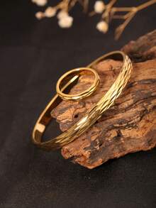 1 Set 18K Gold Plated Stainless Steel Diamond-Shaped Carved Bracelet And Ring Set, Hypoallergenic Non-Fading Waterproof Anti-Scratch Anti-Oxidation Jewelry, Suitable For Daily Commute, Dating, Banquet, Party, Workplace, Stackable Wear - Diamond-patterned Bracelet and Ring Set - View 6