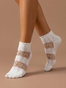 5 Pairs Women's White Floral Pattern Transparent Lace Polyester Breathable Comfortable Summer Daily Wear Ankle Socks - Multicolor - View 5