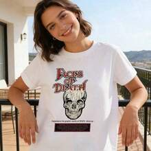Women's Cotton T-Shirts, Unisex Vintage Summer T-Shirts With Round Neck, Short Sleeve, Fun Skull Graphic Print, Vintage Urban Gothic Style For Men And Women - 白色 - 查看 7