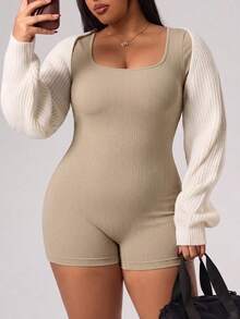 1pc Plus Size Women's Seamless Ribbed Bodysuit, Tummy Control & Butt Lift Full Body Shaping Jumpsuit, Summer Compression Body Shaping Shorts, Suitable For Daily Wear, Women's Shorts, Father's Day Gift - Apricot - View 5