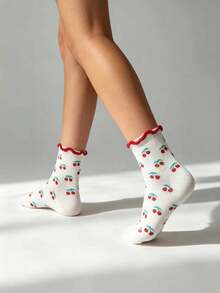 Cute 1 Pair Women's White Tube Socks With Cherry Red Lace Trim, Suitable For All Seasons - Multicolor - View 5