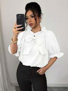 Camisa de mujer con volantes y lazo, nuevo diseño 2025 - Blanco - Ver 3