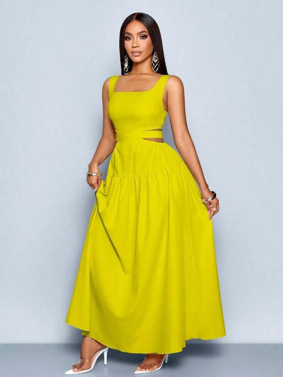 xheSOLERSUN Vestido elegante de mujer con cuello cuadrado, corte en la cintura, espalda con lazo y pliegues, estilo línea A, para Hawái, vestidos de verano para mujer, vestido para té, vestido largo blanco para graduaciónxhe - Verde - Ver 1