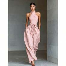 Mono nuevo para mujer de lino con tirantes cruzados, cordón ajustable y pantalones anchos - Rosa - Ver 5