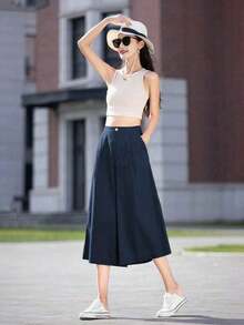 Pantalones de mujer de verano de unicolor, casuales, de pierna ancha y holgados de 7/4 de largo, con bolsillos, adecuados para uso casual diario, al aire libre y de vacaciones - Gris Claro - Ver 11