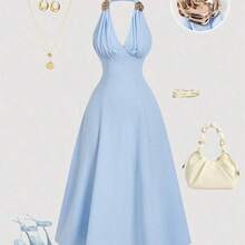 guangzhougaolangshangmao  MOD Vestido midi elegante sin mangas con decoración floral 3D de metal y plisados para mujer - amarillo ganso - Ver 4