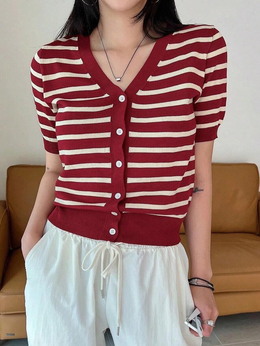 Cárdigan con botones a rayas, blusas de manga corta para verano, ropa de otoño - Rojo y blanco - Ver 1