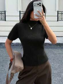 Blusa de punto de cuello alto de unicolor de manga corta para mujer, para todas las estaciones - Negro - Ver 5