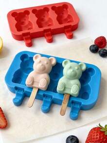 Household DIY Ice Cream Silicone Mold, Summer Three-In-One Multi-Grid Cartoon Bear Ice Pop Mould With Enough Wooden Sticks Attachment, Smooth Surface Easy Release Washable Freezer Kitchen Tool, Stable Structure Not Easy To Deform Daily Cooking Accessory, Perfect For Making Fresh Summer Cold Snacks, Ideal Matching Supply For Family Leisure Time, Outdoor Picnic Activity And Traditional Holiday Party, Warm Practical Household Goods For Independence Day Season - 藍色 + 50 根木棍 - 查看 4