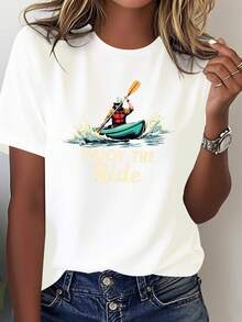 Women's Solid Color T-Shirt With Kayak And Canoe Print - Gray With Yellow Slogan "Enjoy The Journey", Clothing For Paddleboard And Kayak Enthusiasts, Casual T-Shirt For Outdoor Adventures, Suitable For All Seasons. - 白色 - 查看 7