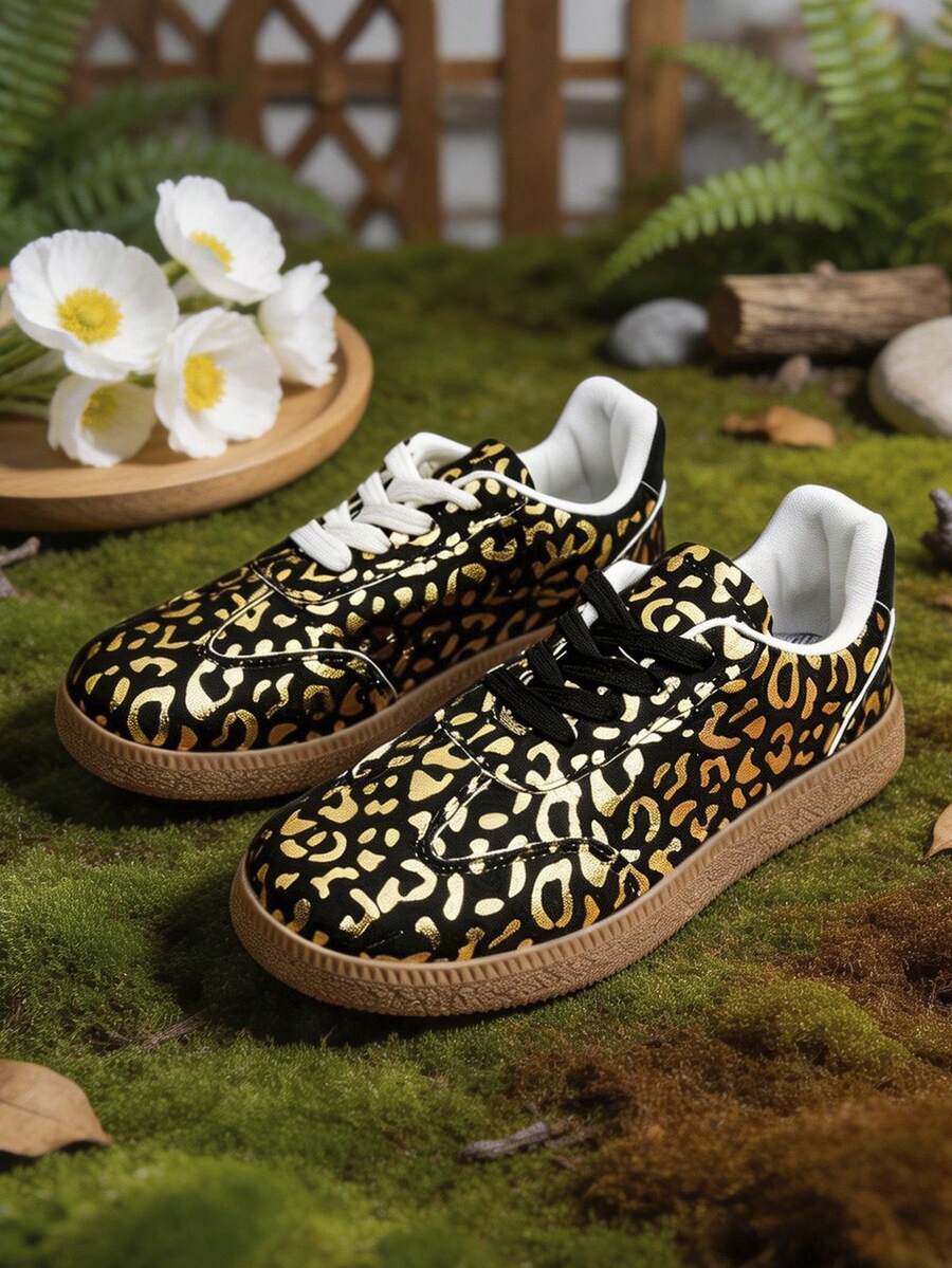 一双女童休闲运动鞋，时尚豹纹印花，轻便透气，系带设计，橡胶防滑鞋底，日常上学穿着，黑金色 - 黑色 - 查看 1