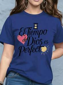 Women's Graphic Print T-Shirt Blouse, Casual Style, Love Print, Couples, Heart, February, Regular Fit, Soft Material, Crew Neck, Short Sleeves, Everyday Wear, Day Or Night, Street Style, Home, Comfortable, Cool, Lightweight, Modern, Youthful, Urban Aesthetic, Spring, Summer, Beach, Heat, Y2K, Feminine, Religious Phrase, God's Timing Is Perfect, Christian Lettering, Heart - 皇家藍配黑色 - 查看 4