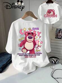 Disney Licensed, Best-Selling Women's Print: Minnie Mouse Head, Diamond Sparkle, Bow, Fashionable And Cute Printed Short-Sleeved Crew Neck T-Shirt. Crew Neck, Casual, Comfortable, Stylish, And Versatile, Suitable For Spring, Summer, And Autumn. Optimistic Design, Elastic Fabric. - trắng - Xem 1