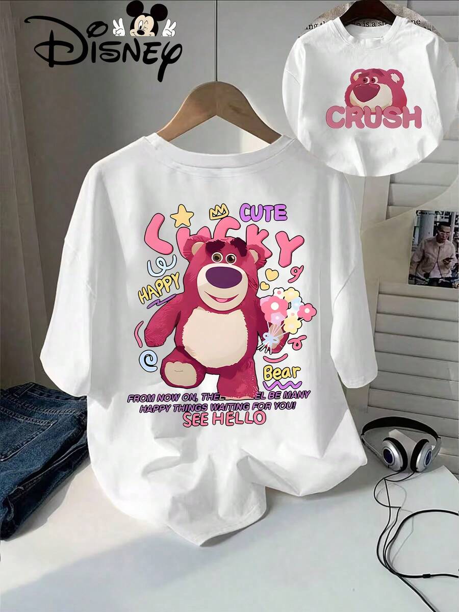 Disney Licensed, Best-Selling Women's Print: Minnie Mouse Head, Diamond Sparkle, Bow, Fashionable And Cute Printed Short-Sleeved Crew Neck T-Shirt. Crew Neck, Casual, Comfortable, Stylish, And Versatile, Suitable For Spring, Summer, And Autumn. Optimistic Design, Elastic Fabric. - trắng - Xem 1