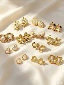 70pcs/35pairs - A Set Of Exquisite And Elegant Pearl Earrings, Suitable For Women To Wear, Including Thick And Bold Gold Earrings Decoration, With Beautiful Flower, Gold Drop, Hoop And Asymmetrical Geometric Patterns In Multiple Styles, Can Be Matched According To Different Occasion Needs. - Random Earring Set - View 3