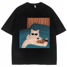 Camiseta con meme de gato con gafas divertidas y pizza para mujer, camisetas creativas de moda kawaii, camisetas casuales, regalos para amantes de los gatos, camisetas con estampados gráficos. - Negro - Ver 1